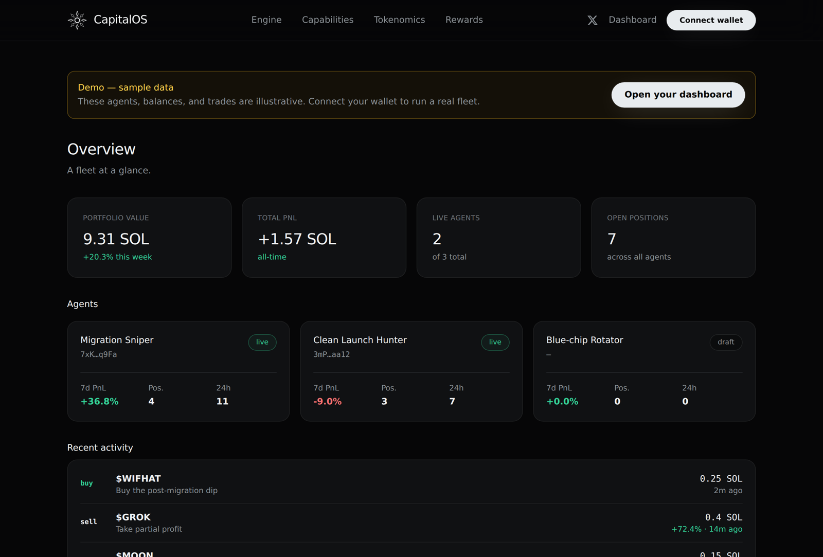 The CapitalOS dashboard with live agents, PnL and a trade feed